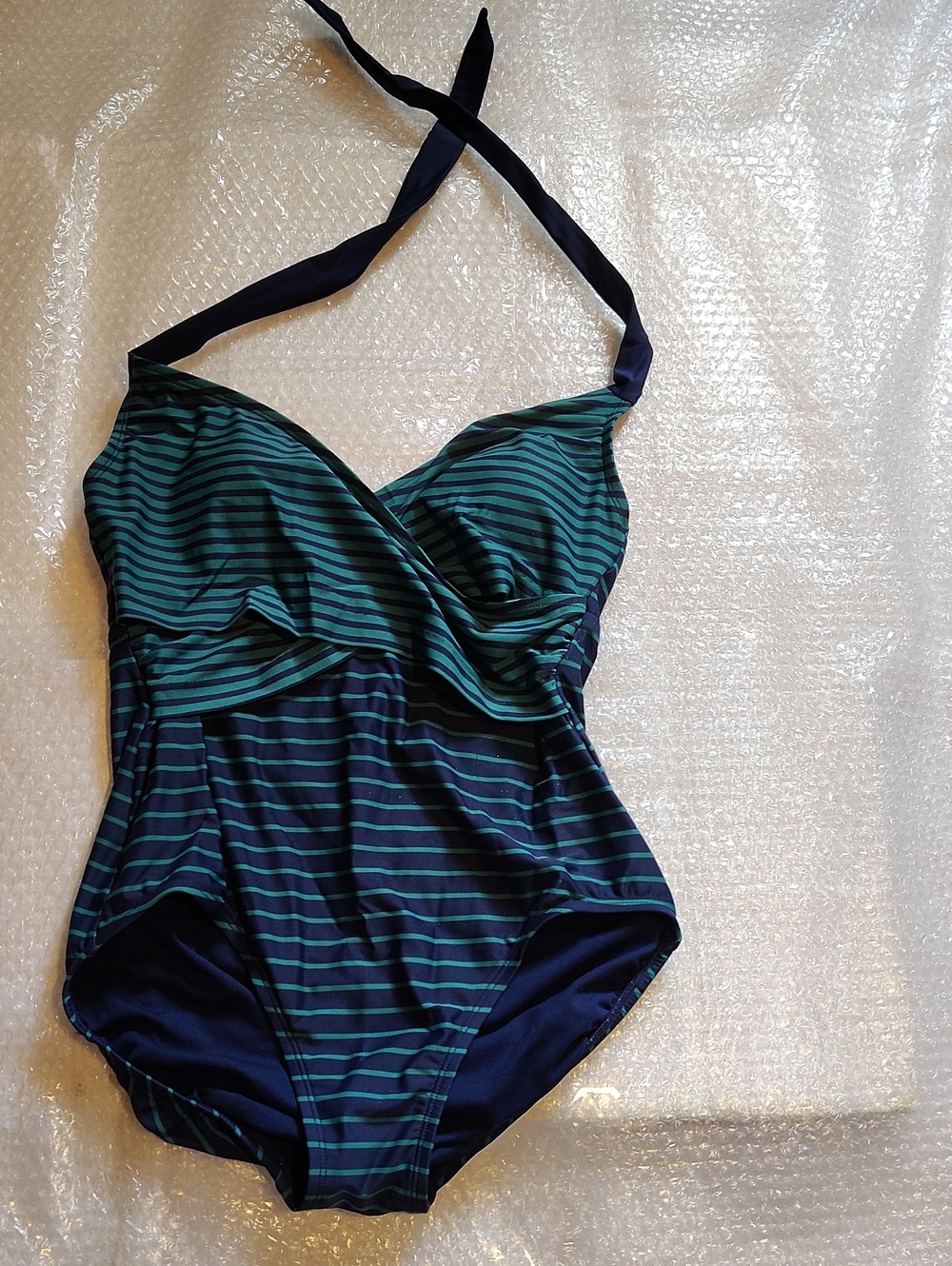 Navy Blue Green Striped Tie Back One Piece Swimsuit pdded cup size size 1-14